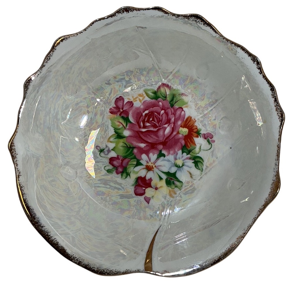 Vintage Iridescent Lusterware Cabbage Leaf‎ Floral Bowl Pink Rose Gold Trim